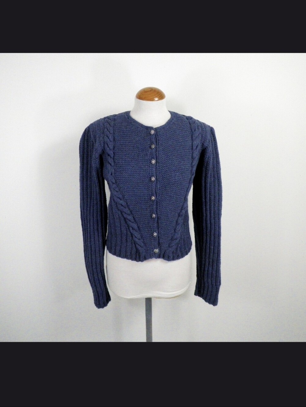 Vintage 1970s Blue Cable Knit Bavarian Wool Cardigan Size Small